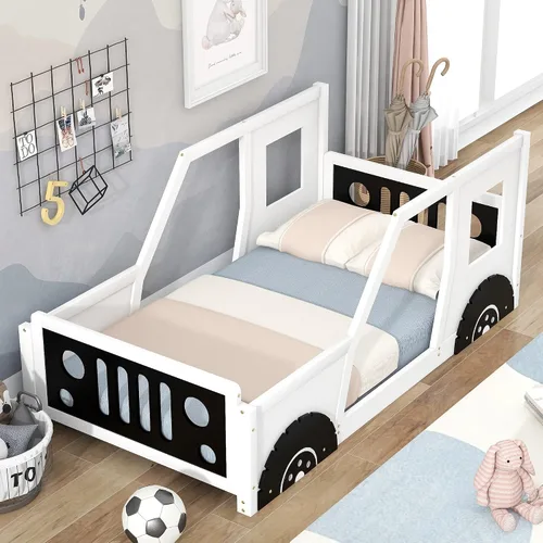 Cama de piso tamaño individual con ruedas, marco de cama Montessori con valla y puerta, cama individual de madera maciza para niños y niñas,