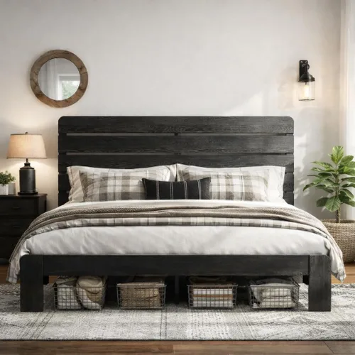 Marco de cama de madera tamaño King con cabecera, base de cama de plataforma estilo granja rústica con soporte de listones de madera, resistente y