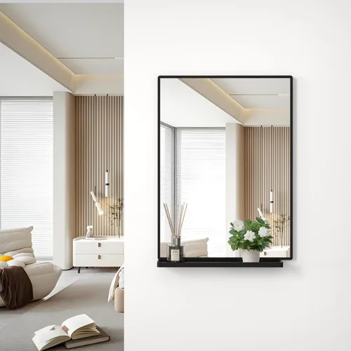 Miniatura 14 de ANYHI Espejos de baño para pared, espejo de pared de metal con estante, perfecto para sala de estar, dormitorio, entrada, rectangular, vertical Negro