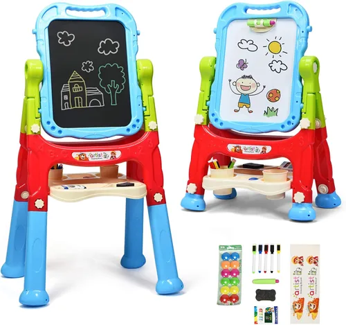 Costzon Caballete de arte para niños, altura ajustable con rotación de 360°, tablero de dibujo de doble cara con pizarra y pizarra blanca, juego de