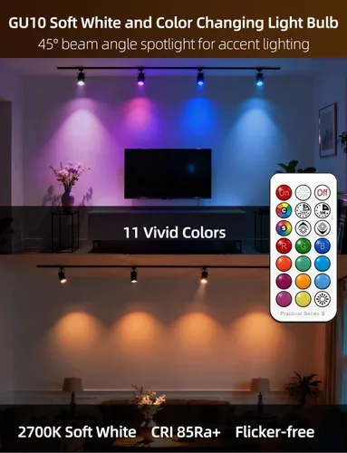 Miniatura 4 de ILC Bombilla LED GU10, equivalente a 40 W, cambio de color, 12 colores, 5 W, regulable, blanco cálido, 2700 K, RGB con control remoto (paquete de 4)