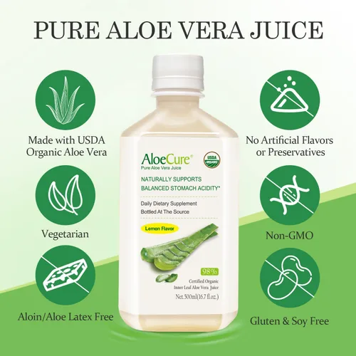 Miniatura 3 de AloeCure USDA - Jugo orgánico de aloe vera sabor a limón, fabricado dentro de las 12 horas de cosecha, suplemento digestivo natural para una acidez
