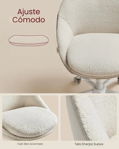 Miniatura 6 de VASAGLE Silla de tocador con respaldo, silla de escritorio giratoria ajustable y linda con ruedas, sherpa y cuero PU para soporte lumbar, compacta