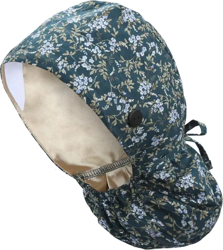 Miniatura 30 de QBA Gorra de trabajo ajustable con botón, gorro forrado de satén, gorro de trabajo de algodón, banda elástica para atar en la espalda, unisex Pt