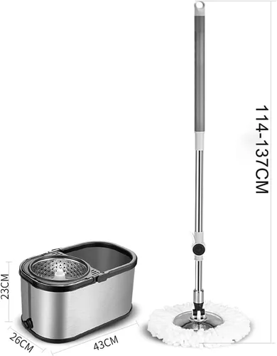 Miniatura 2 de Sistema de cubo de trapeador giratorio de acero inoxidable con 6 recambios de cabezal de repuesto de microfibra, trapeador de piso con 4 ruedas