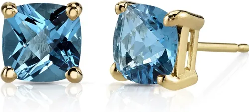 Peora Aretes tipo dormilona de oro amarillo sólido de 14 quilates con topacio azul suizo para mujer, piedra natal auténtica, solitario clásico,