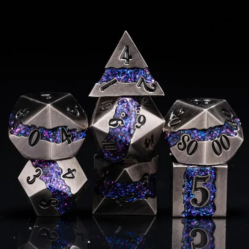 Miniatura 18 de Dados poliédricos DND de metal, juego de dados metálicos con purpurina a rayas grandes, juego de 7 dados plateados antiguos para juegos de rol