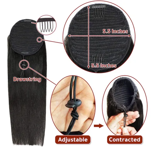 Miniatura 5 de Extensiones de pelo rizado con cordón para cola de caballo, extensiones de cabello humano para mujer con dos clips 1B# 120g/set (71cm)