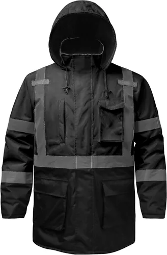Chaqueta reflectante, parka de alta visibilidad, impermeable de alta visibilidad, chaqueta de seguridad con capucha extraíble y cremallera, ANSI