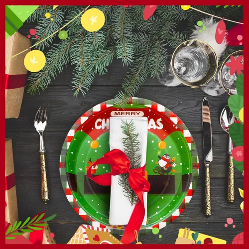 Miniatura 7 de Sliner 120 platos de papel de Navidad desechables de 9 pulgadas, platos de postre de papel de Navidad, cinturón de Papá Noel, alce, muñeco de nieve