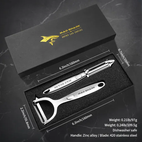 Miniatura 2 de MAD SHARK Peladores de verduras ultra afilados para cocina, frutas, manzanas, patatas, diseño con mango ergonómico antideslizante, acero inoxidable