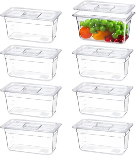 Fumete 8 juegos de sartenes de plástico transparente con tapas, recipientes de policarbonato de 1/3 de 6 pulgadas de profundidad, para cocina