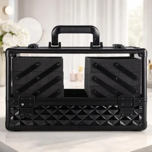 Miniatura 7 de Ver Beauty Estuche de tren de maquillaje de diamante negro con 6 bandejas de acordeón, organizador de cosméticos con cerradura