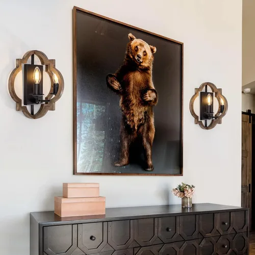 Miniatura 8 de VILUXY Apliques de pared de madera retro industrial, lámpara de pared geométrica de granja, lámparas de pared negras para dormitorio, pasillo