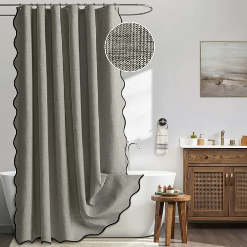 Miniatura 26 de MIULEE Cortina de ducha festoneada de lino texturizado con 12 ganchos de metal, bonita cortina de ducha de tela gruesa resistente, lavable, Negro