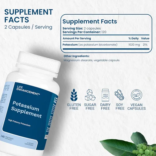 Miniatura 2 de Life Enhancement Suplemento de Potasio de Alta Absorción para la Salud de los Músculos, el Cerebro y los Huesos - Sin Aditivos. Suplemento