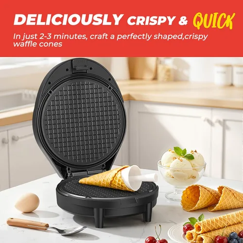 Miniatura 3 de Máquina para hacer gofres y hacer conos de helado con rodillo de cono, 1000 W de doble cara con calefacción uniforme para hacer gofres finos, hace