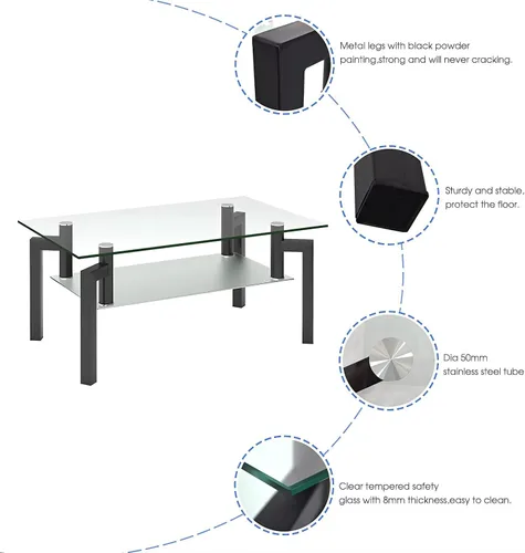 Miniatura 3 de Mesa de centro rectangular de vidrio templado, mesa de té de 2 niveles, mesa auxiliar moderna con estante inferior y patas de madera, mesa de centro