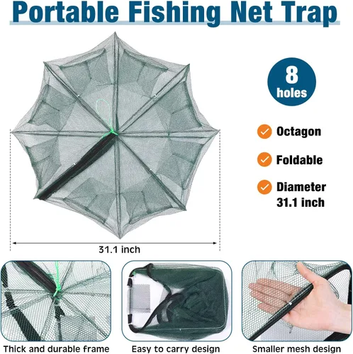 Miniatura 3 de 6 trampas de red de pesca plegables portátiles, trampa para cangrejos, trampa para pececillos, red de aterrizaje de pesca con mango de caña
