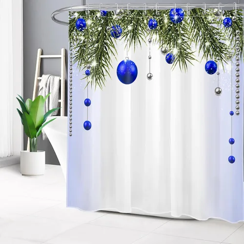 Miniatura 20 de Cortina de ducha de Feliz Navidad, bolas de Navidad azules y ramas de pino verde en tela blanca moderna, cortina de ducha para baño, cortina de baño