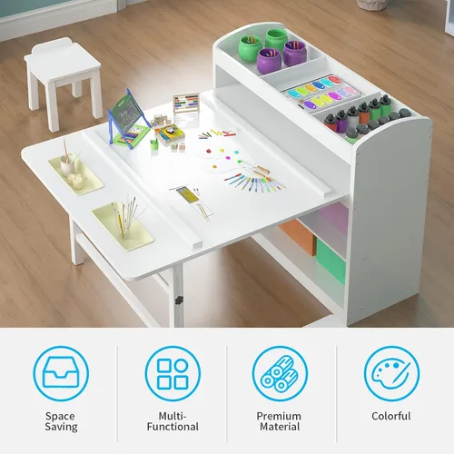 Miniatura 3 de Mjkone Juego de mesa de arte y 2 sillas para niños, juego de mesa de madera para niños con almacenamiento de suministros, contenedores de lona