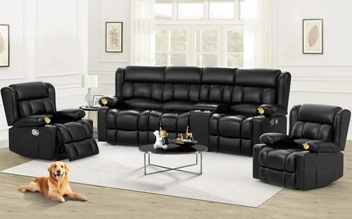 Miniatura 24 de Dresegmt - Juego de sofá reclinable con consola de almacenamiento, diseño de respaldo central abatible, sofá de piel sintética y sillón reclinable