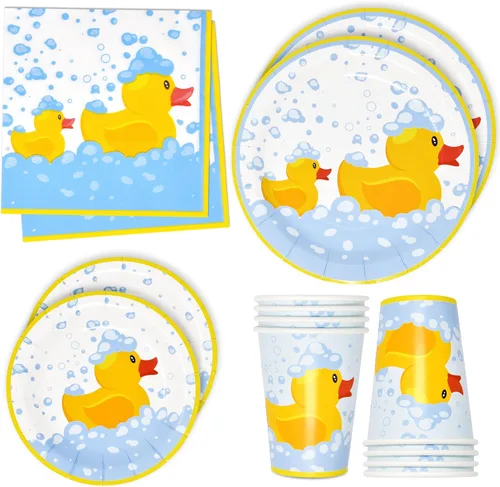 Gift Boutique 96 piezas de suministros de fiesta de patos de goma, platos de papel, servilleta para patos amarillos, pato, baño de burbujas, pijama