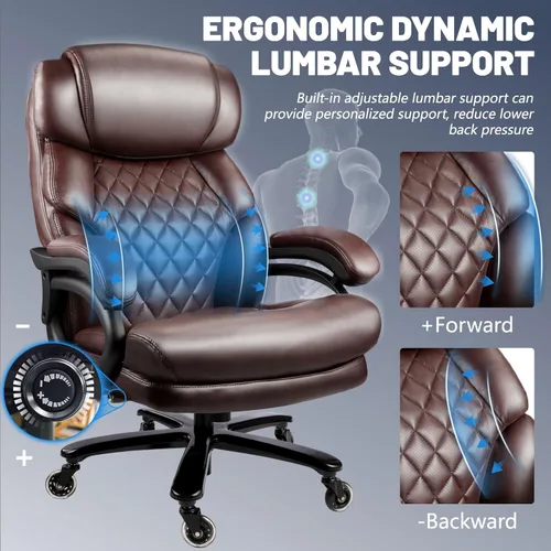 Miniatura 2 de Silla de oficina grande y alta de 800 libras para personas pesadas, silla ejecutiva resistente con respaldo alto, asiento extra ancho y lumbar Marrón