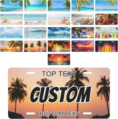 Placa personalizada de licencia, placas decorativas personalizadas para el frente del automóvil con palmeras de playa y océano, placas de licencia