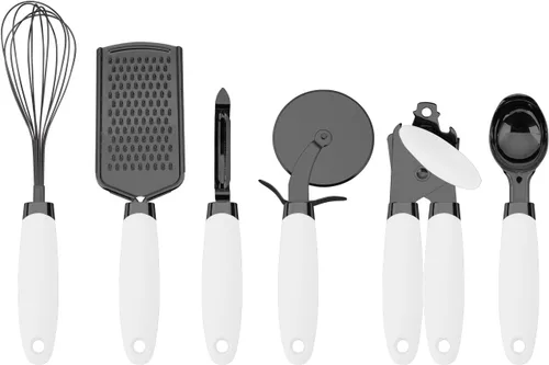 Country Kitchen Juego de 6 piezas de utensilios esenciales de cocina de acero inoxidable, pistola de metal negro con asas blancas suaves al tacto