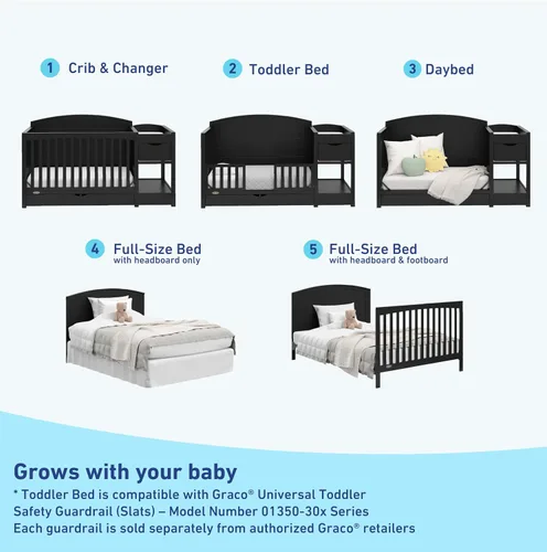 Miniatura 3 de Graco Bellwood - Cuna convertible 5 en 1 y cambiador con cajón (negro) - Certificado GREENGUARD Gold, cajón de almacenamiento de tamaño completo, se