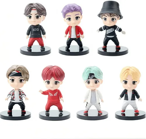 Miniatura 10 de Juego de 7 piezas de adornos para pasteles de personajes BTS, figuras de acción, juguetes, mini figuras BTS, muñecos, suministros para fiestas