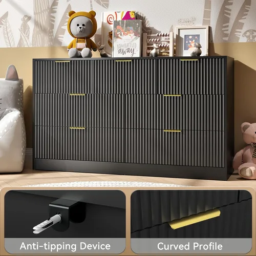Miniatura 4 de Cómoda negra con 7 cajones, cómoda acanalada de 55 pulgadas de ancho para dormitorio con mango de metal, cómoda, soporte de TV de madera para Negro