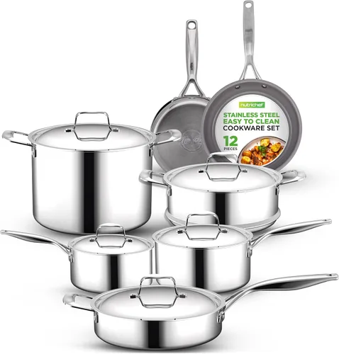 NutriChef NCSSX45 - Juego de 12 utensilios de cocina con asas de acero, revestimiento interior de sartén con revestimiento antiadherente de cerámica