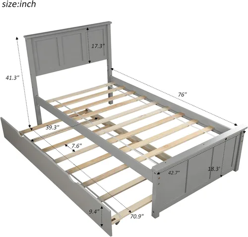 Miniatura 2 de Cama de plataforma individual con nido, marco de cama de madera con cabecero, no necesita somier, fácil montaje, gris