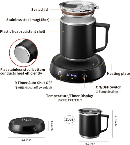 Miniatura 8 de Juego de calentador de tazas y tazas de café, calentador eléctrico de tazas para escritorio, placa calentadora de velas con temporizador de inicio