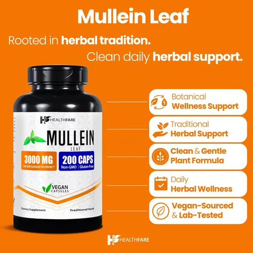 Miniatura 2 de Healthfare Extracto de hoja de gordolobo de 3000 mg 200 cápsulas veganas Fórmula tradicional a base de hierbas Sin OMG y sin gluten