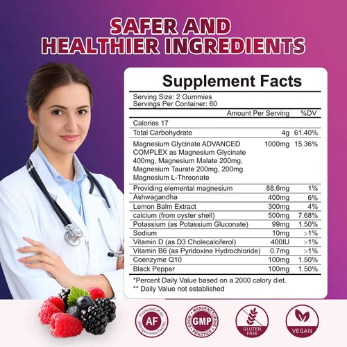 Miniatura 8 de 120 unidades de gomitas de glicinato de magnesio de 1000 mg para mujeres y hombres, suplementos de malato de magnesio y taurato para dormir, apoyo