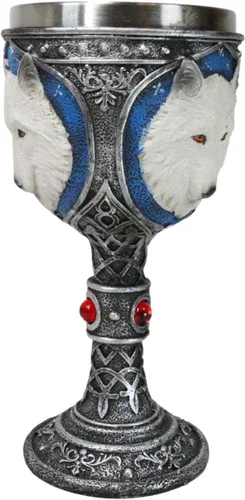 Miniatura 5 de Ebros Gift Gran celta mágica Knotwork Alpha Direwolf White Snow Wolf 8oz cáliz de copa de vino con forro de acero inoxidable Figura de taza