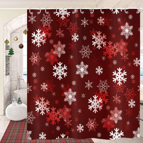 Cortina de ducha con copos de nieve navideños, color rojo oscuro y blanco, para Navidad, invierno, vacaciones, cortina de baño para bañera,