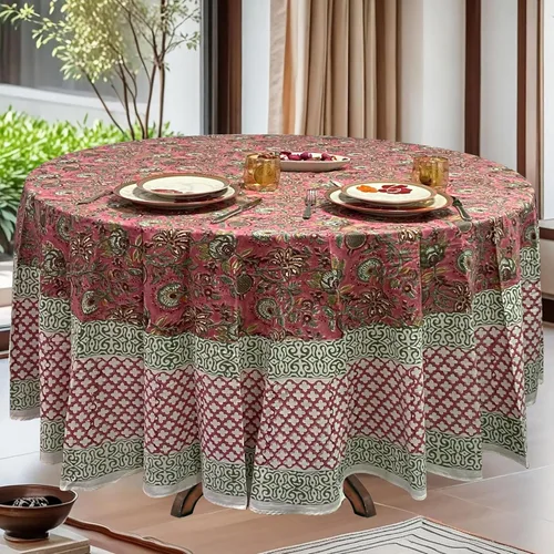 Miniatura 45 de Ridhi Mantel redondo con estampado de bloque a mano, 100% algodón, reutilizable, color rosa flamenco, de 60 pulgadas, mantel decorativo para uso