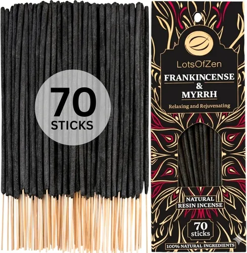 LOTS OF ZEN Varillas de incienso de incienso y mirra (paquete de 70) – Kit de manchas de resina natural de larga duración para limpieza espiritual,