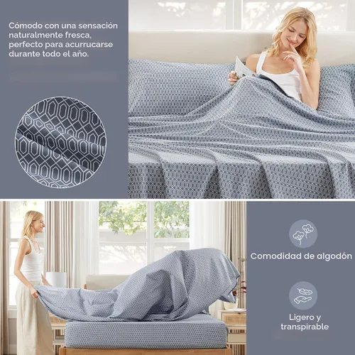 Miniatura 3 de Comfort Spaces Sábanas 100% algodón tamaño individual, transpirables, naturalmente frescas, sábanas de algodón suave con bolsillo elástico de 14