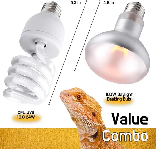 Miniatura 2 de Combo de bombilla de punto de sol de reptil de 100 W y bombilla UVA UVB de 10.0 24 W – Paquete doble de bombillas de lámpara de calor para reptiles