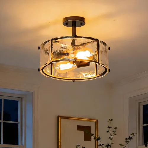 Lámpara de techo de montaje semiempotrado en negro, lámpara de 12.8" moderna y pequeña para comedor, lámpara de techo de 2 luces con vidrio