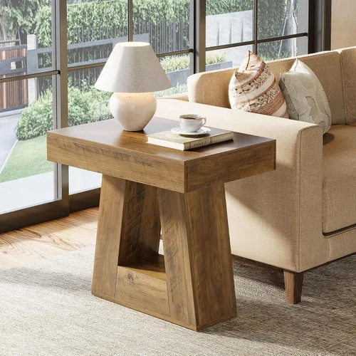 Miniatura 3 de Tribesigns Mesa auxiliar moderna de 24 pulgadas, mesa auxiliar de madera estrecha de 2 niveles con base trapezoidal, mesita de noche pequeña