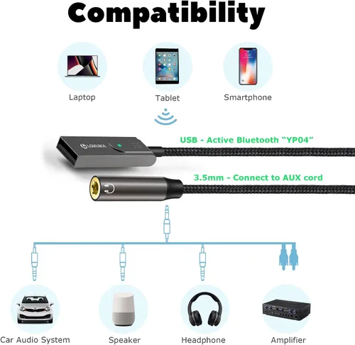 Miniatura 4 de Adaptador Bluetooth 5.3 a auxiliar para automóvil o amplificador, USB a receptor Bluetooth hembra de 0.138 in, compatible con altavoz con cable