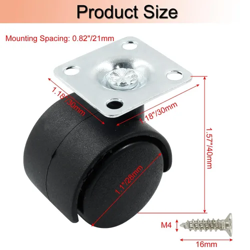 Miniatura 2 de 4 piezas de ruedas giratorias de 1 pulgada, ruedas de placa de nylon negro, ruedas giratorias de placa resistente de repuesto para muebles, carro