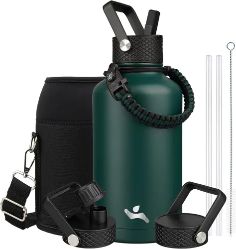 Miniatura 46 de Konokyo - Botella de agua aislada de 18 onzas, botellas deportivas de acero inoxidable con 3 tapas, verde militar