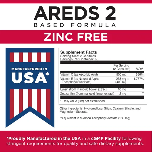 Miniatura 5 de Viteyes AREDS 2 Soporte macular sin zinc, cápsulas naturales sin alérgenos con vitamina E, vitamina C, luteína y zeaxantina, sin zinc, sin cobre